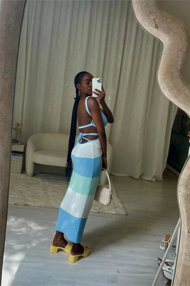 Glorol - Spaghetti Strap Knitted Backless Bodycon Maxi Dress