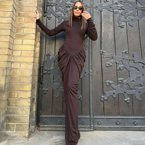 Glorol - Elegant High Neck High Waist Long Sleeve Maxi Dress