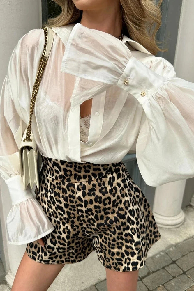 Glorol - See-Through Loose Slim Long Sleeve Pleated Top
