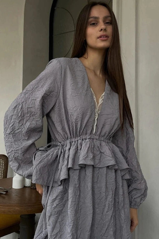 Glorol - Lantern Sleeves Lace V-Neck Midi Dress