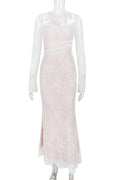 Glorol - Elegant Lace Print Spaghetti Strap Long Sleeve Maxi Dress