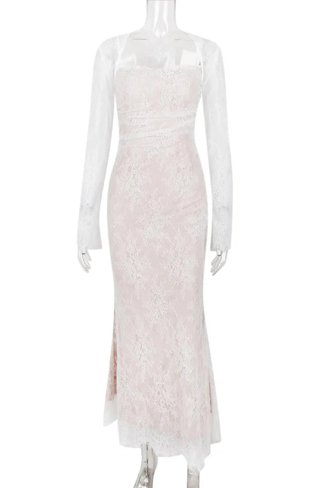 Glorol - Elegant Lace Print Spaghetti Strap Long Sleeve Maxi Dress