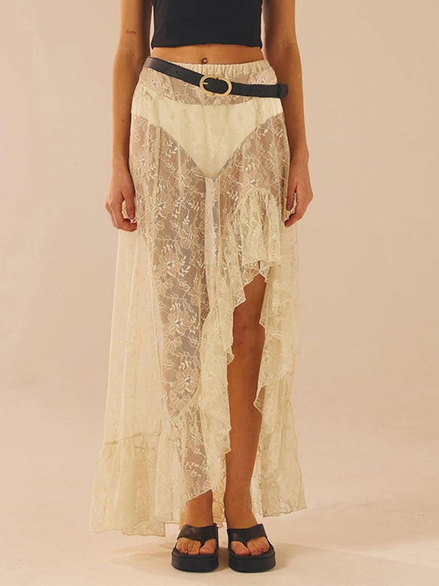 Glorol - High Waist See Through Lace Skirt