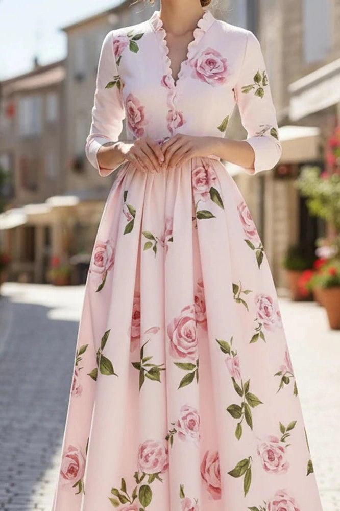 Glorol - Elegant High Waist A-Line V-Neck Printed Long Sleeve Pleated Midi Dress