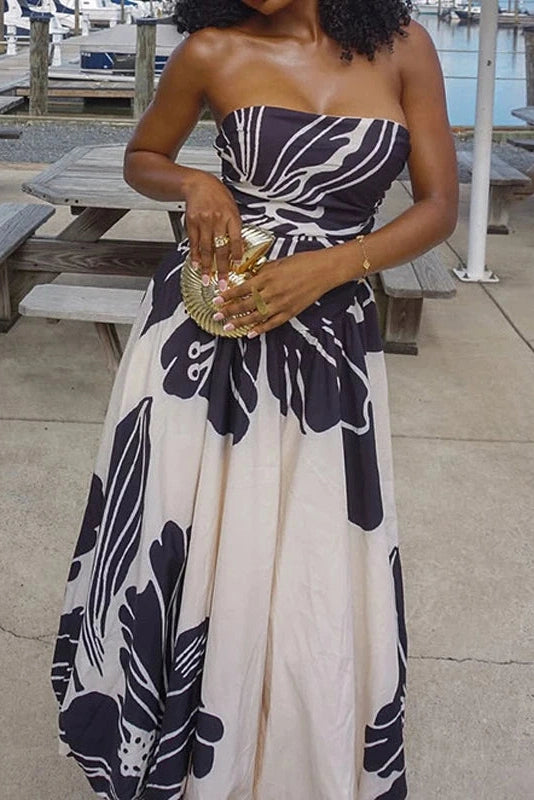 Glorol - Off Shoulder Sleeveless High Waist Printed Pleated Maxi Dress