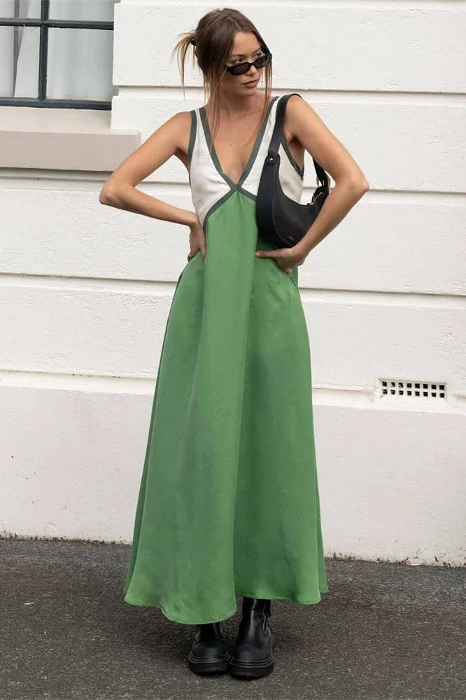 Glorol - Patchwork V-Neck Strapless Sleeveless Slim Maxi Dress