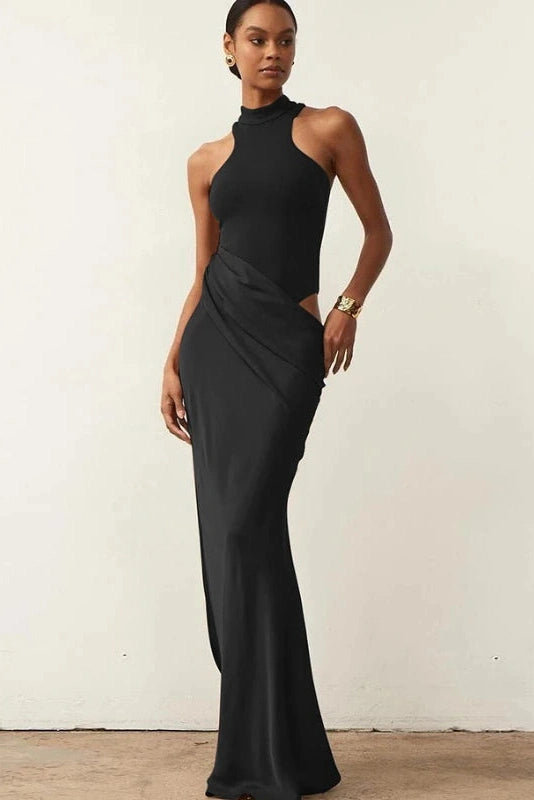 Glorol - Hollow Out Pleated O Neck Sleeveless Slim High Waist Maxi Dress