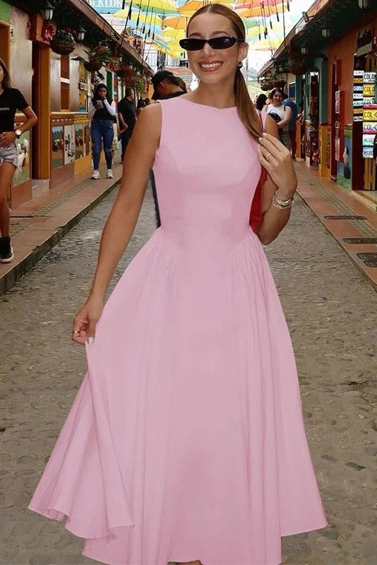 Glorol - Sleeveless Pleated O Neck High Waist A-Line Midi Dress