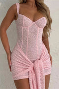Glorol - Lace Slim See-Through High Waist V-Neck Bodycon Mini Dress