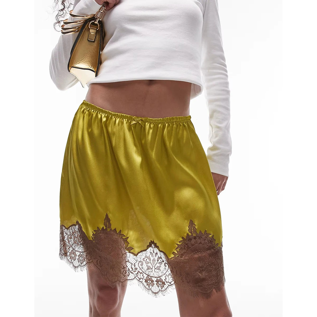 Glorol - Elastic Waist Lace Trimmed Skirt