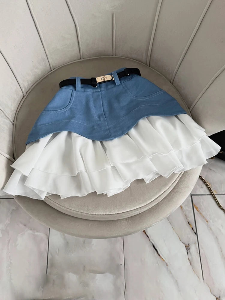 Glorol - High Waist Splice Denim Skirt