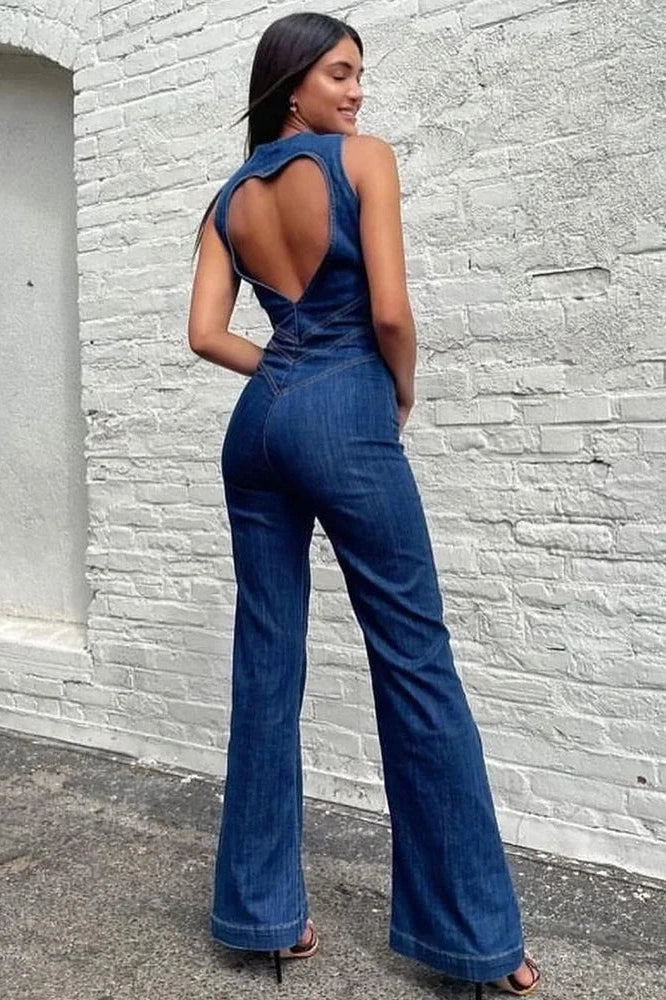 Glorol - Backless Sleeveless Heart Cutout Bodycon Jumpsuit