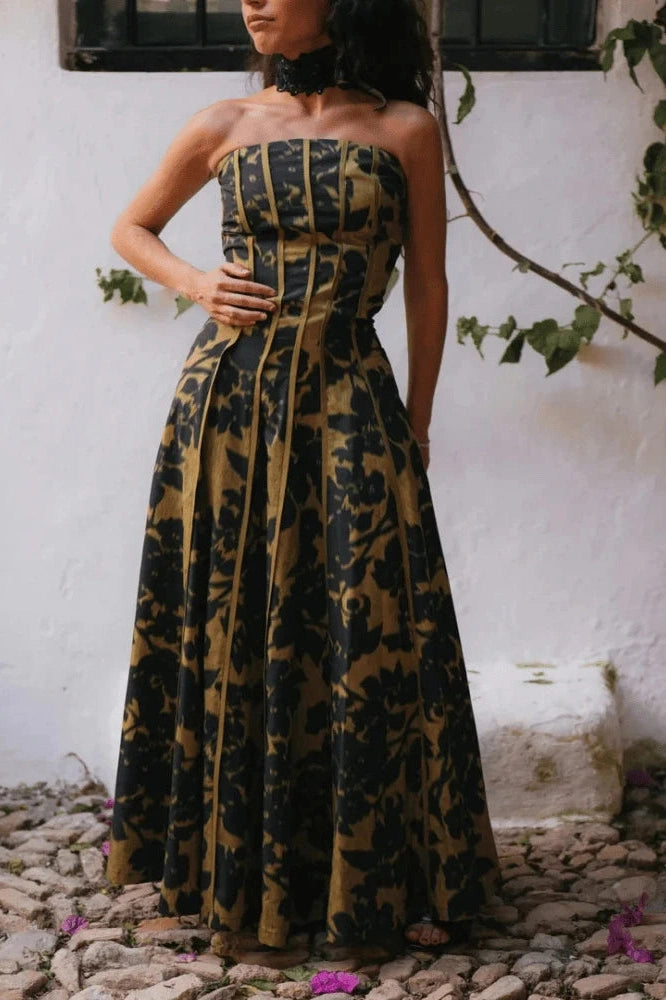 Glorol - Hollow Out High Waist Pleated Sleeveless Printed Maxi Dress