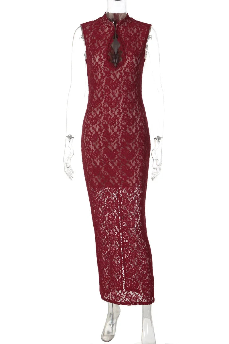 Glorol - Hollow Out Lace Sleeveless Slim Maxi Dress