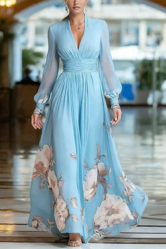 Glorol - Floral Print High Waist V-Neck Long Sleeve Pleated Maxi Dress