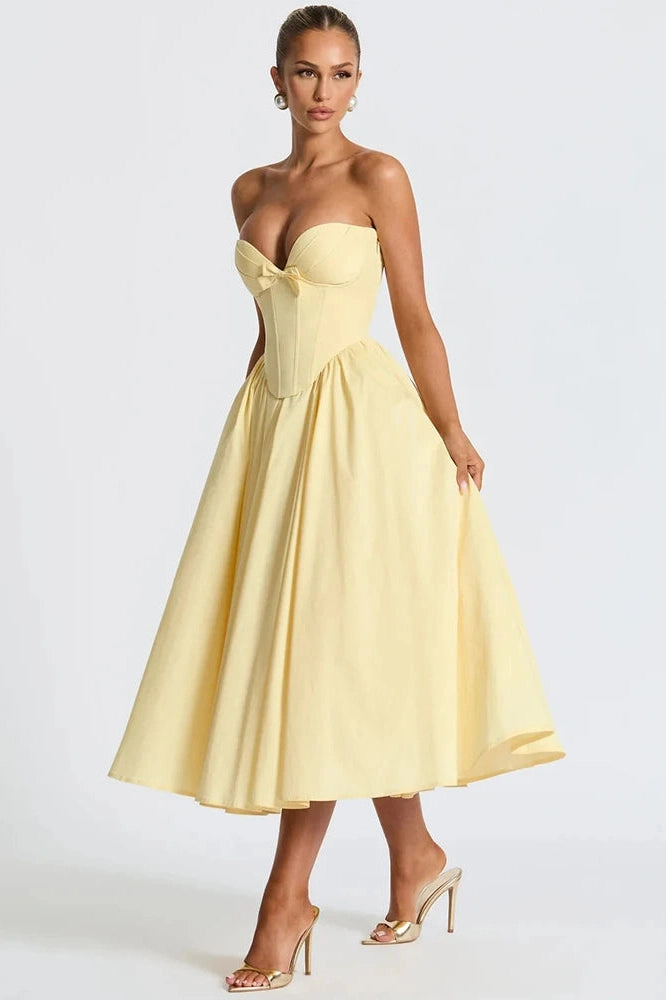 Glorol - Off-Shoulder Strapless Sleeveless Backless High Waist A-line Midi Dress