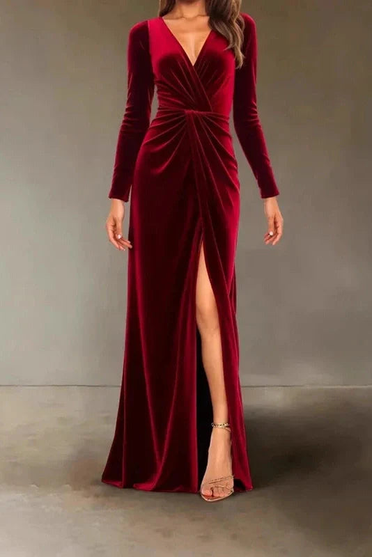 V-Neck Slim High Waist Pleated A-Line Maxi Dress