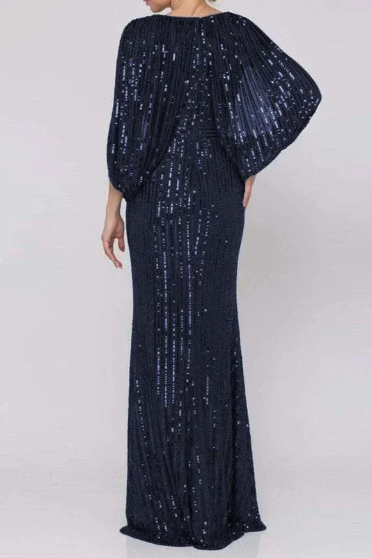 V-Neck High Waist Sleeves Pleat Maxi Dress