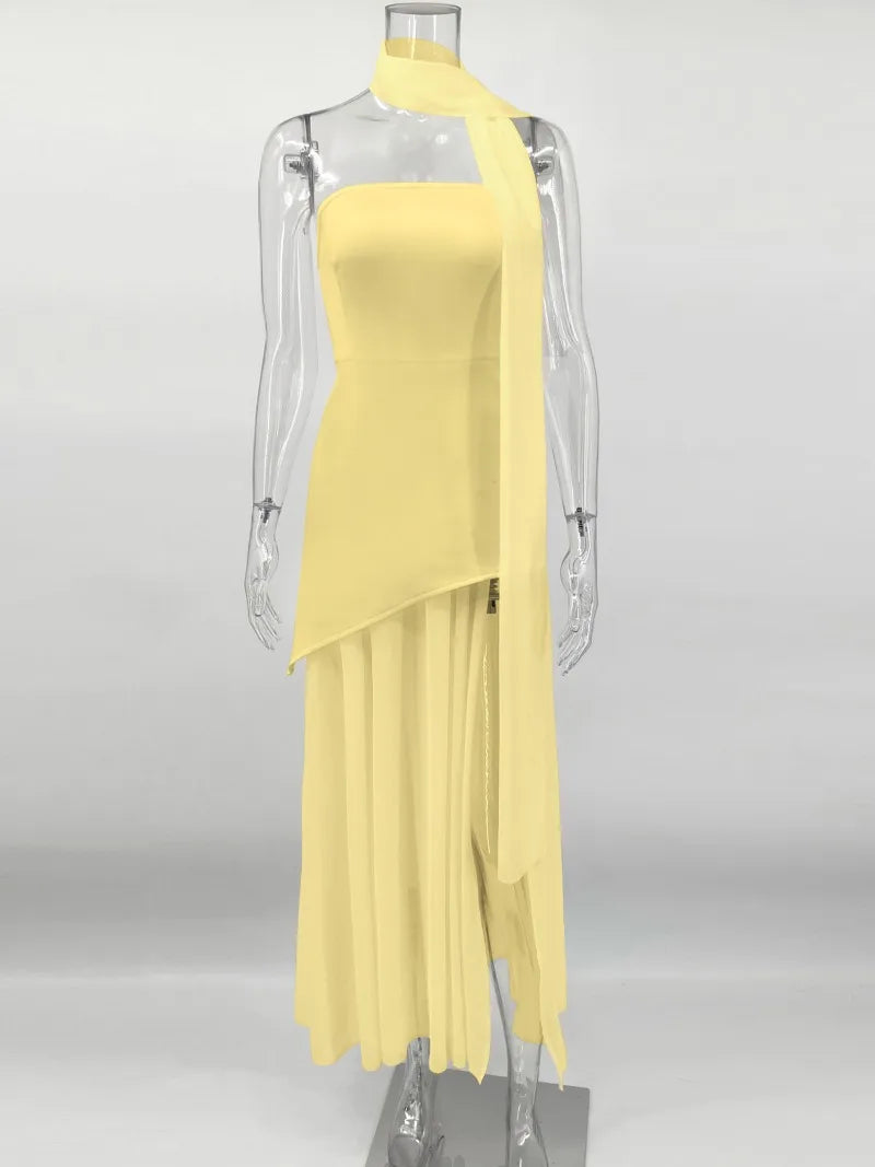 Glorol - Elegant Strapless Scarf Ribbon Patchwork Maxi Dress