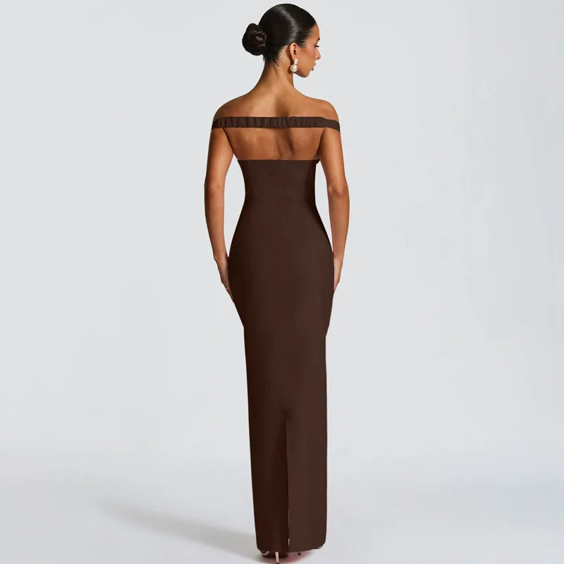 Glorol - Scarf Collar Strapless Backless Slit Maxi Dress