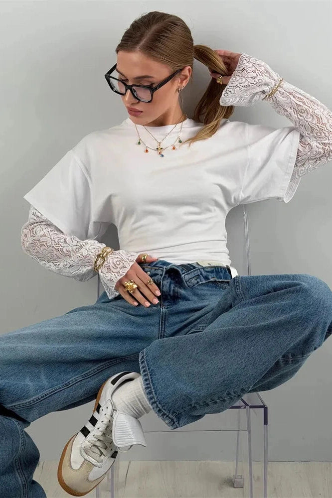 Glorol - Lace Long Sleeve Printed High Waist Top