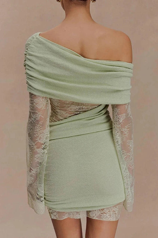 Glorol - Hollow Out High Waist Slash Collar Lace Knitted Mini Dress