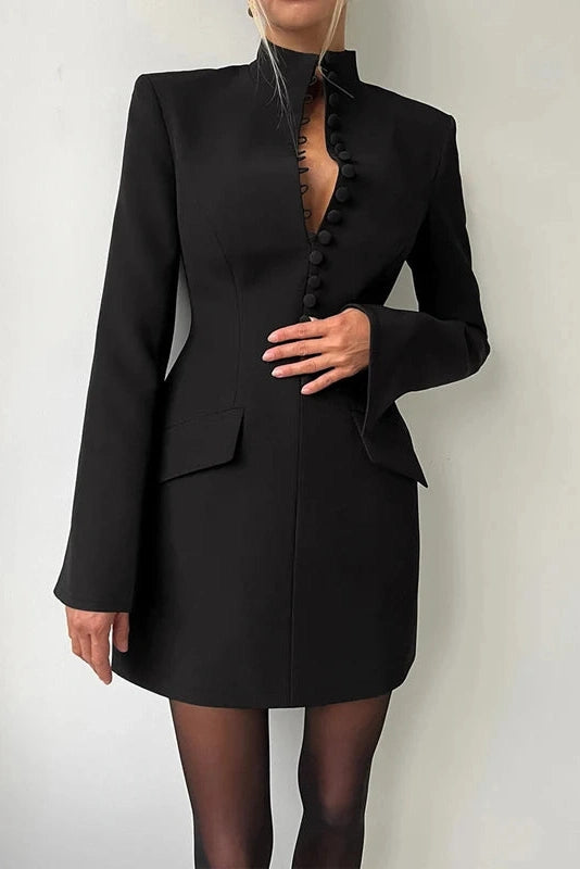Glorol - Long Sleeve High Waist A-Line Turtleneck Slim Mini Dress