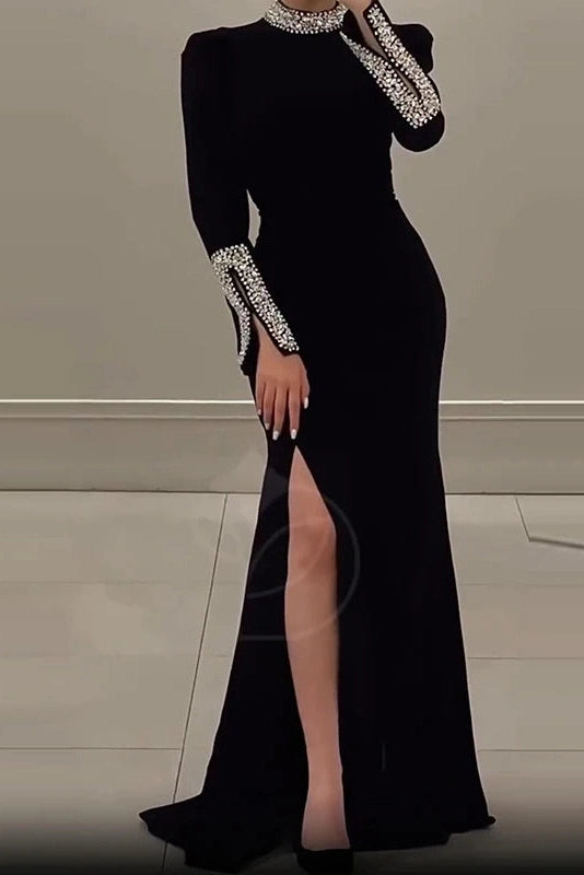 Glorol - Elegant High Slit Long Sleeve Slim Turtleneck Maxi Dress