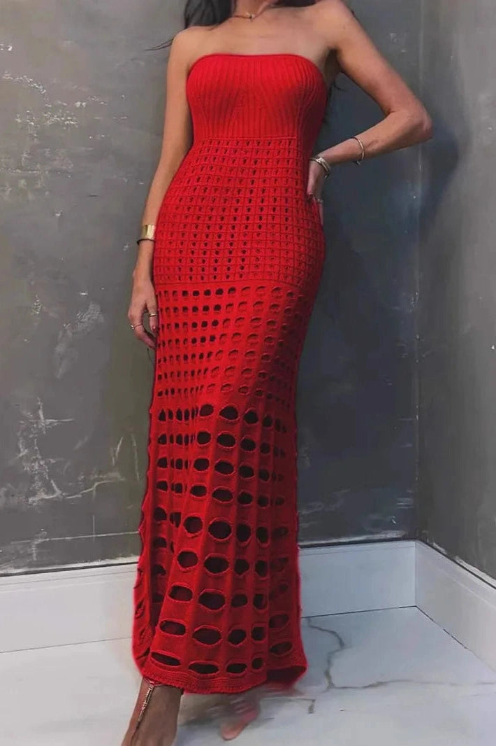 Glorol - Hollow Out Strapless Knitted Slim Sleeveless Maxi Dress
