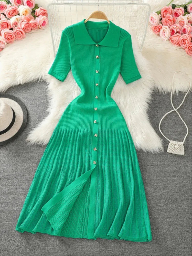 Glorol - Knitted Short Sleeve Slim High Waist Midi Dress