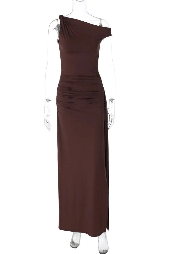 Glorol - Oblique Shoulder Backless Off-Shoulder Sleeveless Maxi Dress