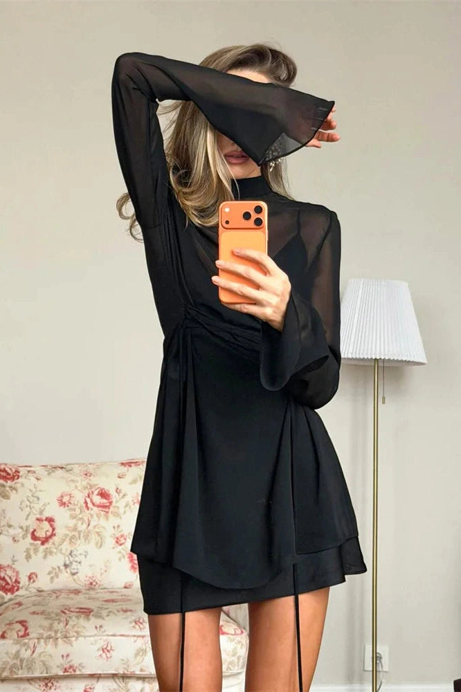 Glorol - Lace-Up See-Through Loose Long Sleeve Mini Dress