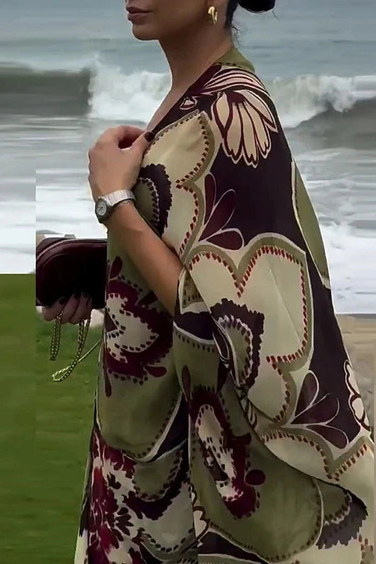 Glorol - Sleeves Loose Pleated High Waist Printed V-Neck Maxi Dress