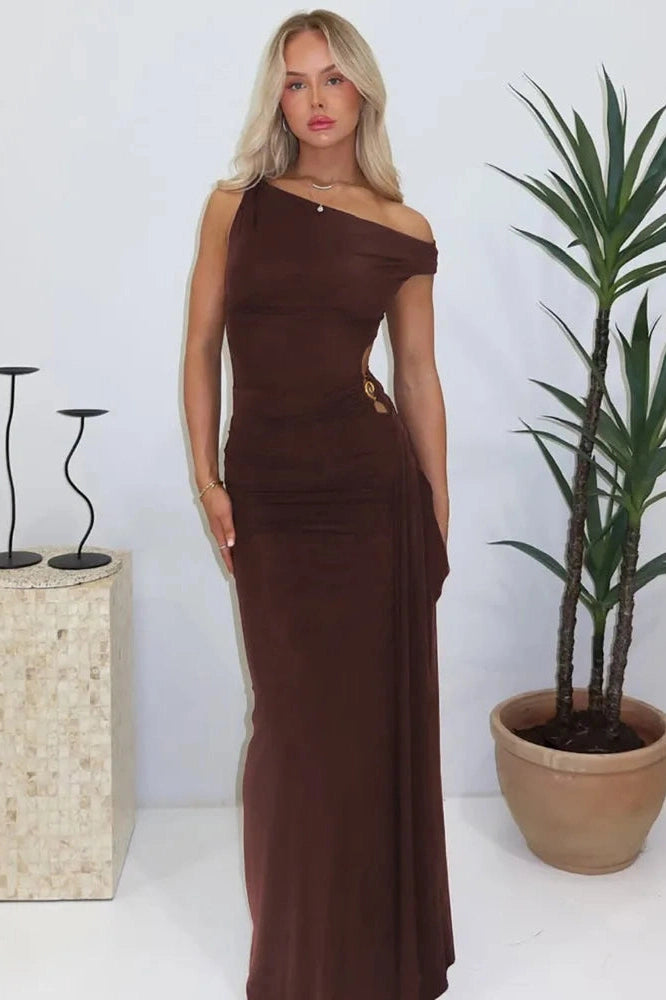 Glorol - Oblique Shoulder Backless Off-Shoulder Sleeveless Maxi Dress
