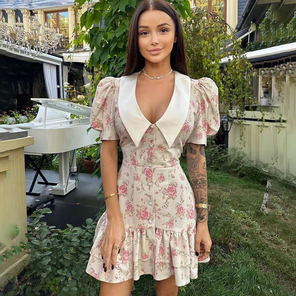 Glorol - Printed V-Neck Puff Sleeve Single Breasted Mini Dress