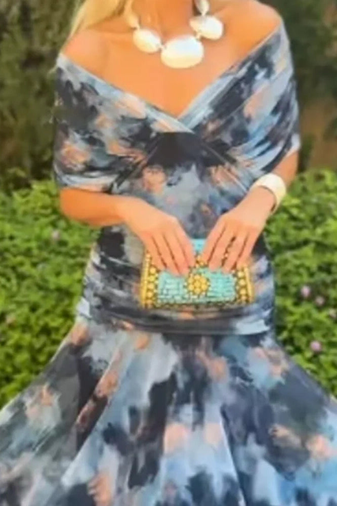 Glorol - Printed Shawl Sleeve High Waist Pleated V-Neck Off Shoulder Maxi Dress
