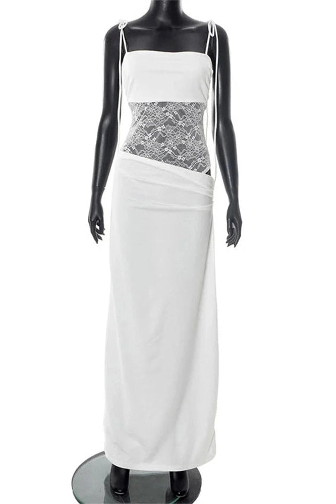 Glorol - Lace Printed Backless Slim High Waist Patchwork Maxi Dress