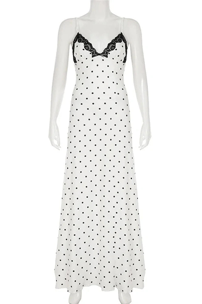 Glorol - Lace V-Neck Patchwork High Waist Slim Maxi Dress