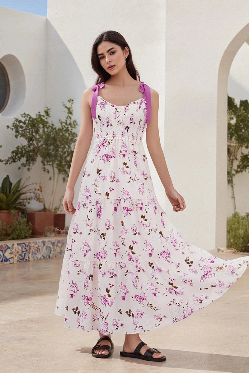 Glorol - Sleeveless Backless Tie-Up Printed Maxi Dress