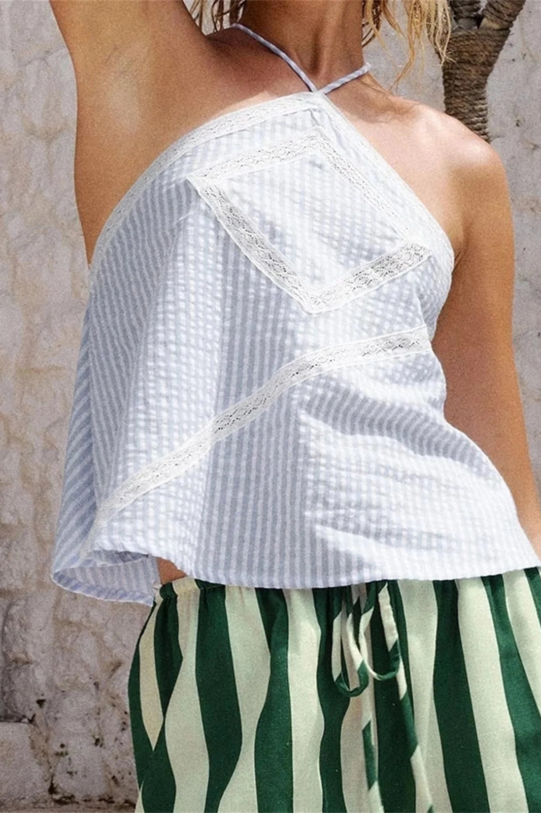 Glorol - Sleeveless Backless Striped Patchwork Loose Top