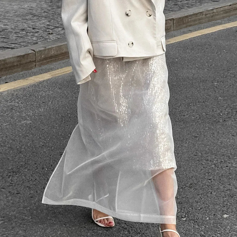 Glorol - High Waist See Through Mesh Split Skirt