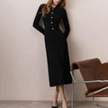 Glorol - Button Lapel Collar High Waisted Long Sleeve Midi Dress