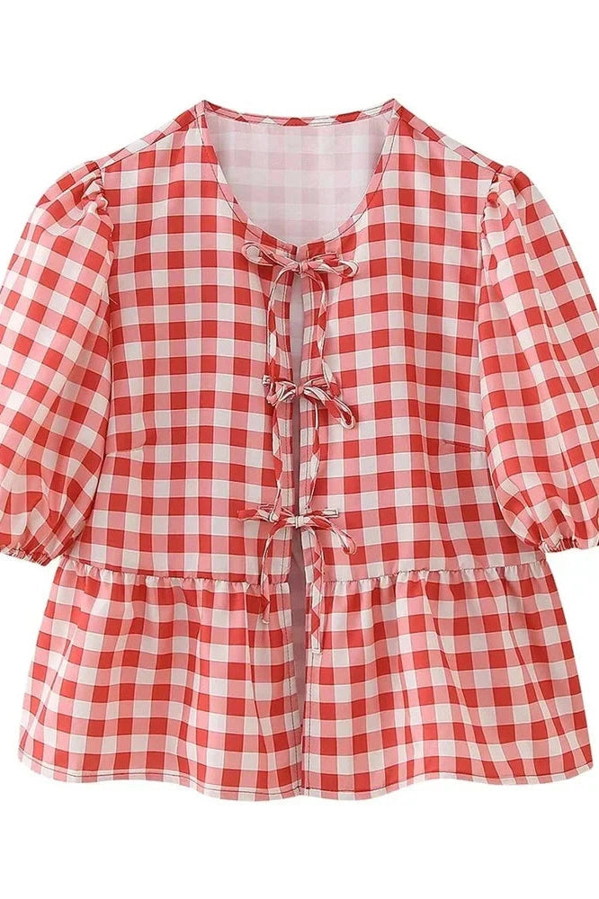 Glorol - Hollow Out Printed Short Sleeve Lace-Up Slim Top