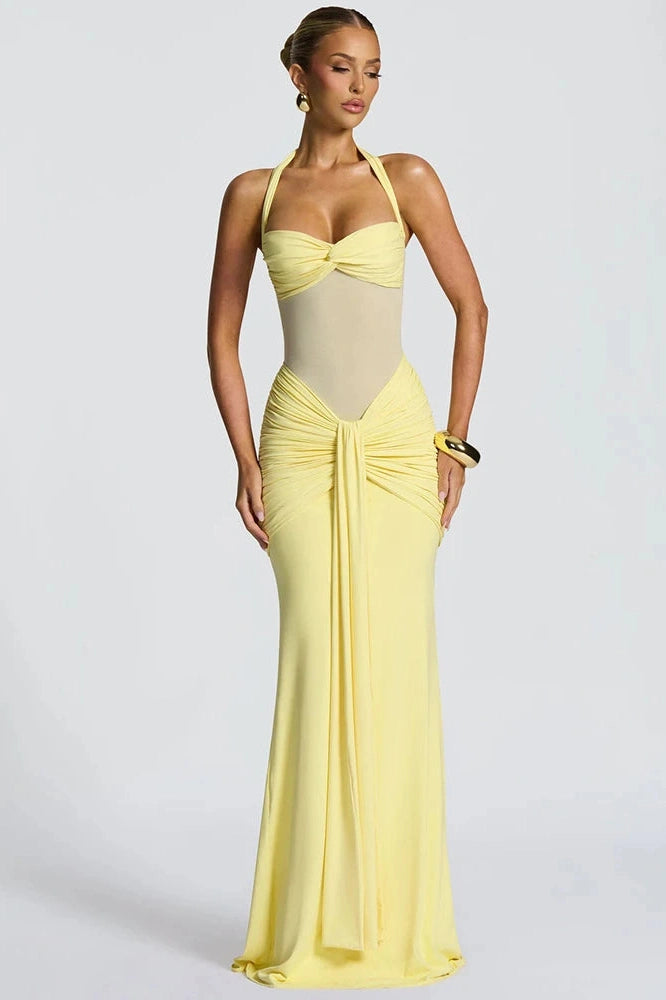 Glorol - Backless Patchwork Off-Shoulder Sleeveless Bodycon Maxi Dress