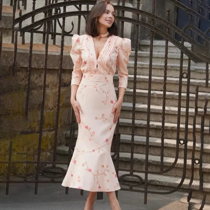 Glorol - Print Pleated V-Neck Puff Sleeve Maxi Dress