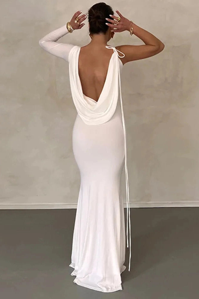 Glorol - Elegant V Neck One Sleeve Lace-up Backless Maxi Dress