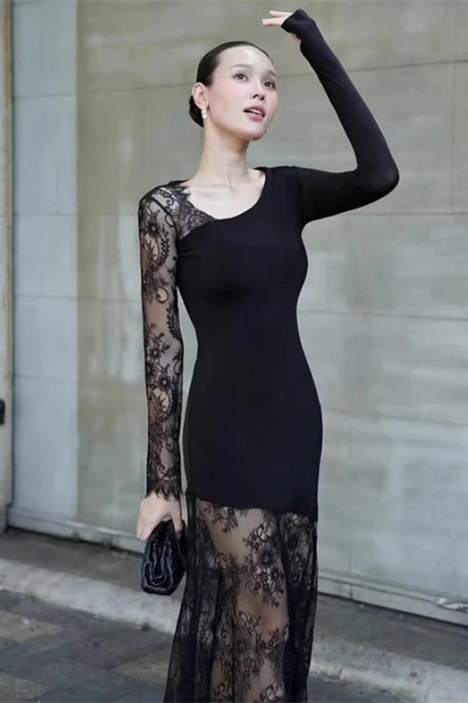 Glorol - Lace Printed See-Through Long Sleeve Maxi Dress