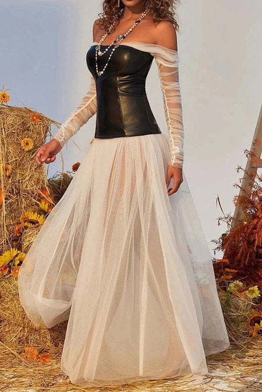 Glorol - Off Shoulder Pleated High Waist PU Leather Maxi Dress