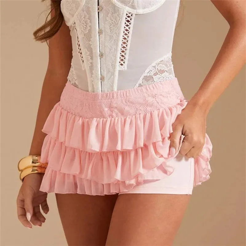 Glorol - Pleated Ruffles Layered High Waist Skirt
