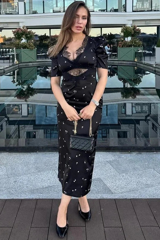 Glorol - Hollow Lace Short Sleeve High Waist Slim Printed Maxi Dress